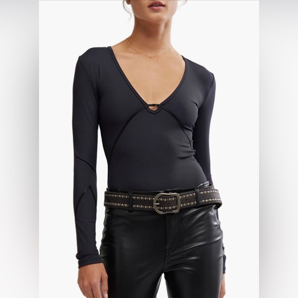 Free People Tops - 🌟🆕Free People Victoria Long Sleeve Rib Bodysuit Black S Deep V-Neck Thong 1 pc